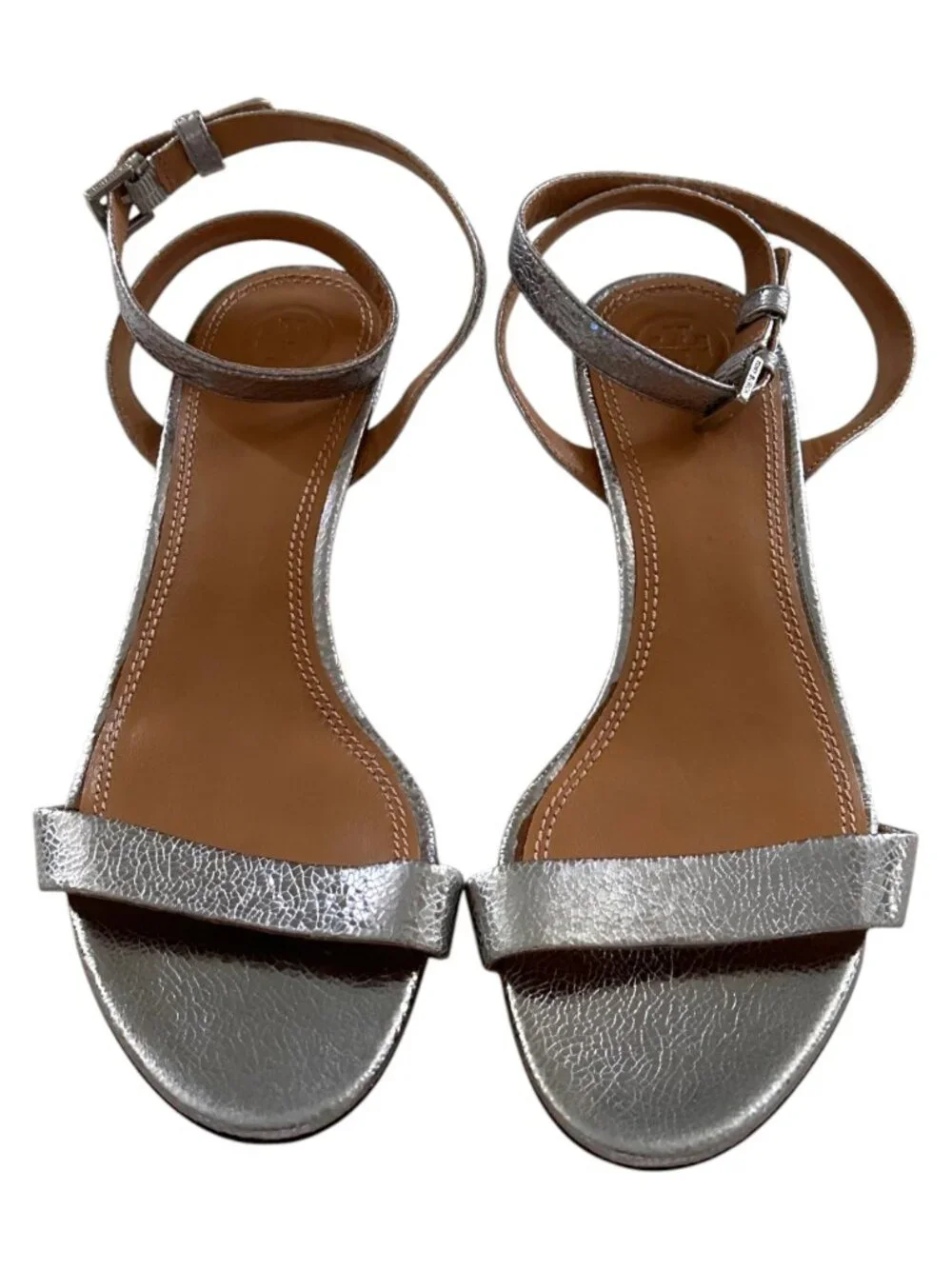 Tory Burch - Elana Silver Leather Kitten Heel Sandals - Size 8 - NWT
